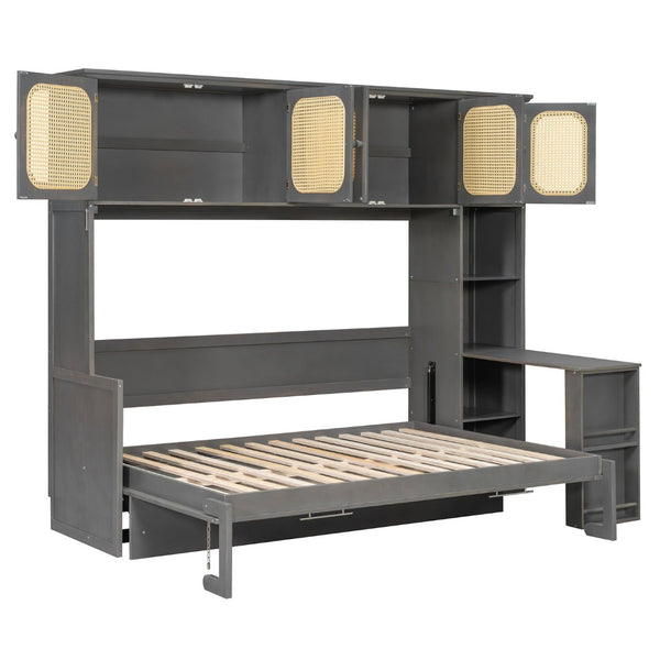 English Elm Full Murphy Bed with Faux Rattan Cabinets and Integrated Desk for Home Office Antique Gray LP000413AAE