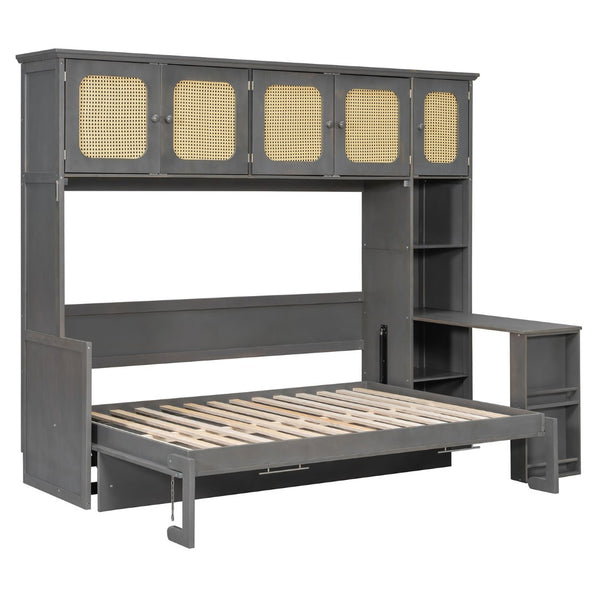 English Elm Full Murphy Bed with Faux Rattan Cabinets and Integrated Desk for Home Office Antique Gray LP000413AAE
