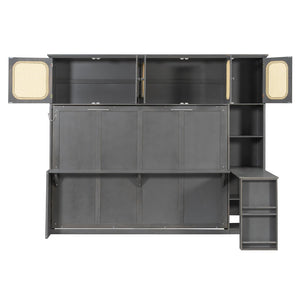 English Elm Full Murphy Bed with Faux Rattan Cabinets and Integrated Desk for Home Office Antique Gray LP000413AAE