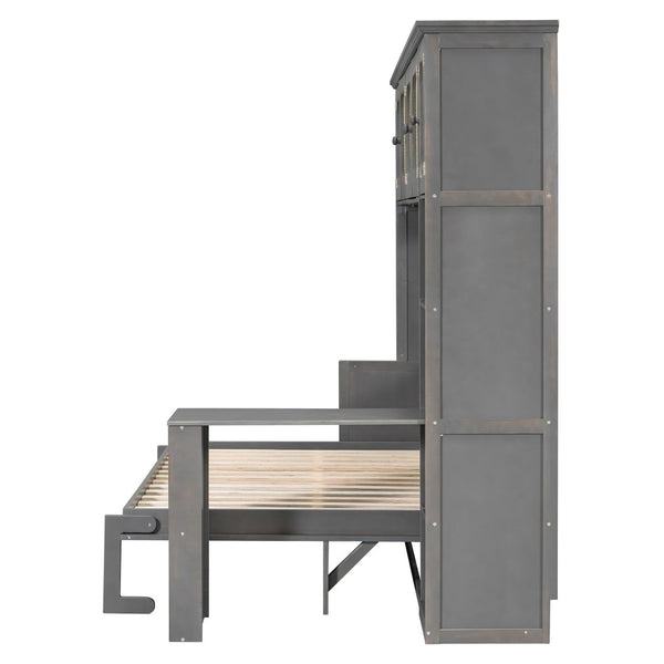 English Elm Full Murphy Bed with Faux Rattan Cabinets and Integrated Desk for Home Office Antique Gray LP000413AAE