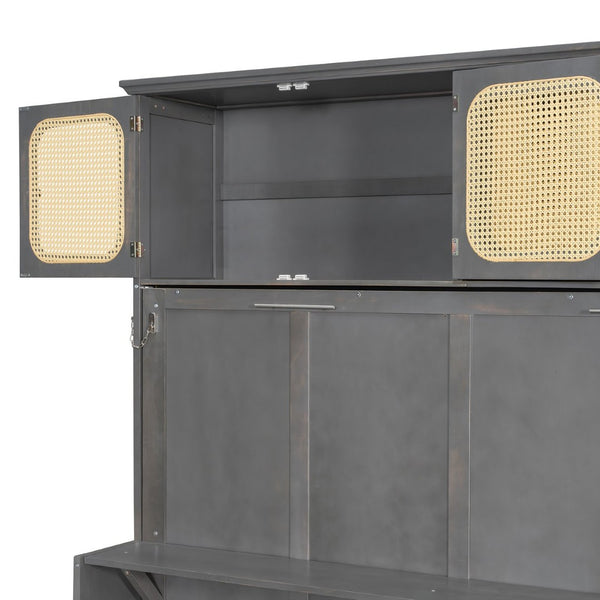 English Elm Full Murphy Bed with Faux Rattan Cabinets and Integrated Desk for Home Office Antique Gray LP000413AAE