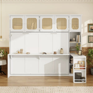 English Elm Full Murphy Bed with Faux Rattan Cabinets and Integrated Desk for Home Office White LP000413AAK
