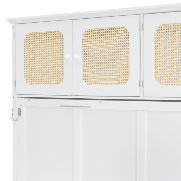 English Elm Full Murphy Bed with Faux Rattan Cabinets and Integrated Desk for Home Office White LP000413AAK