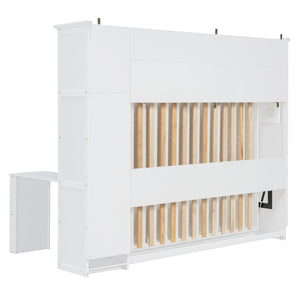 English Elm Full Murphy Bed with Faux Rattan Cabinets and Integrated Desk for Home Office White LP000413AAK