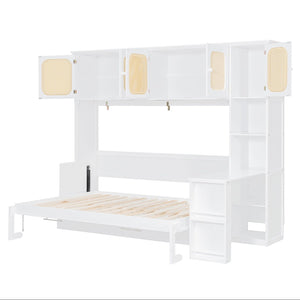 English Elm Full Murphy Bed with Faux Rattan Cabinets and Integrated Desk for Home Office White LP000413AAK