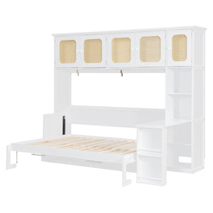 English Elm Full Murphy Bed with Faux Rattan Cabinets and Integrated Desk for Home Office White LP000413AAK
