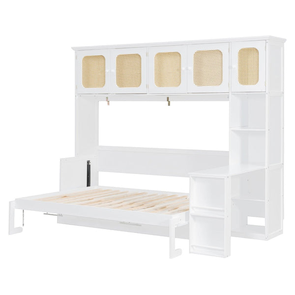 English Elm Full Murphy Bed with Faux Rattan Cabinets and Integrated Desk for Home Office White LP000413AAK