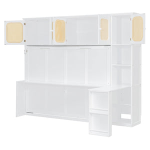 English Elm Full Murphy Bed with Faux Rattan Cabinets and Integrated Desk for Home Office White LP000413AAK
