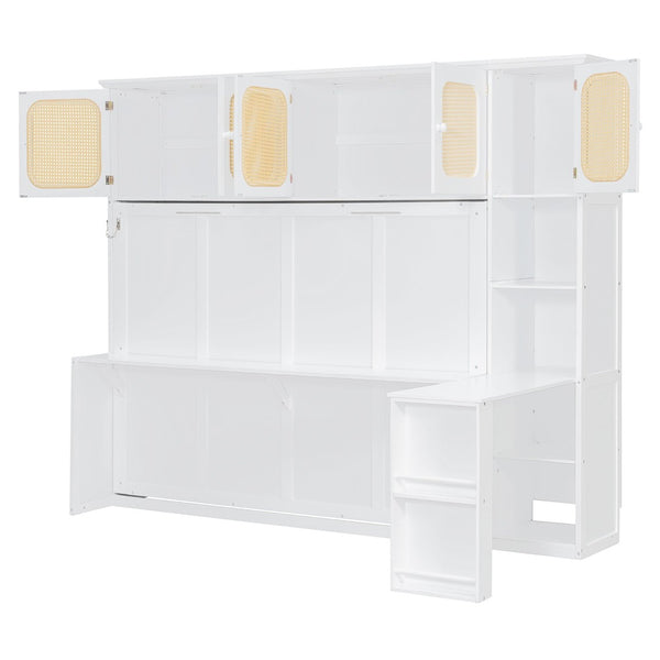 English Elm Full Murphy Bed with Faux Rattan Cabinets and Integrated Desk for Home Office White LP000413AAK