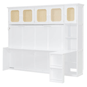 English Elm Full Murphy Bed with Faux Rattan Cabinets and Integrated Desk for Home Office White LP000413AAK