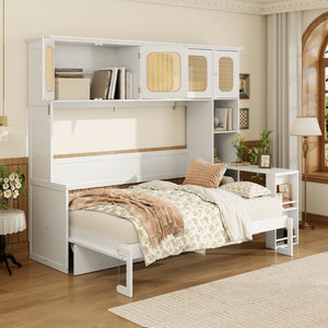 English Elm Full Murphy Bed with Faux Rattan Cabinets and Integrated Desk for Home Office White LP000413AAK