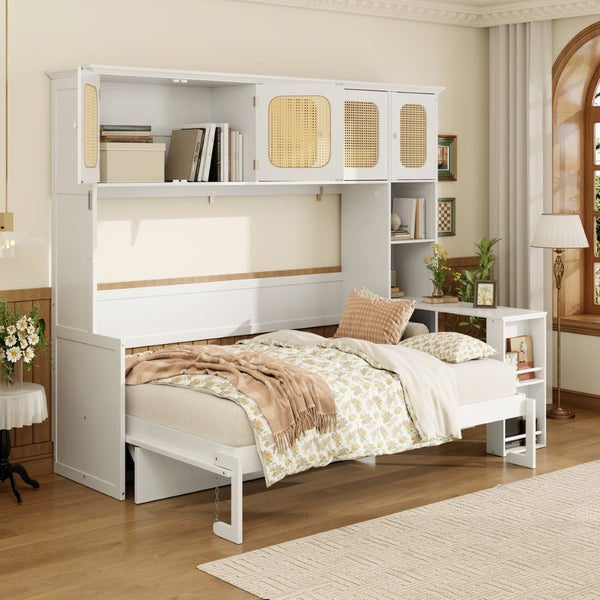 English Elm Full Murphy Bed with Faux Rattan Cabinets and Integrated Desk for Home Office White LP000413AAK