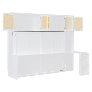 English Elm Full Murphy Bed with Faux Rattan Cabinets and Integrated Desk for Home Office White LP000413AAK