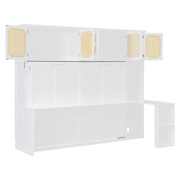 English Elm Full Murphy Bed with Faux Rattan Cabinets and Integrated Desk for Home Office White LP000413AAK