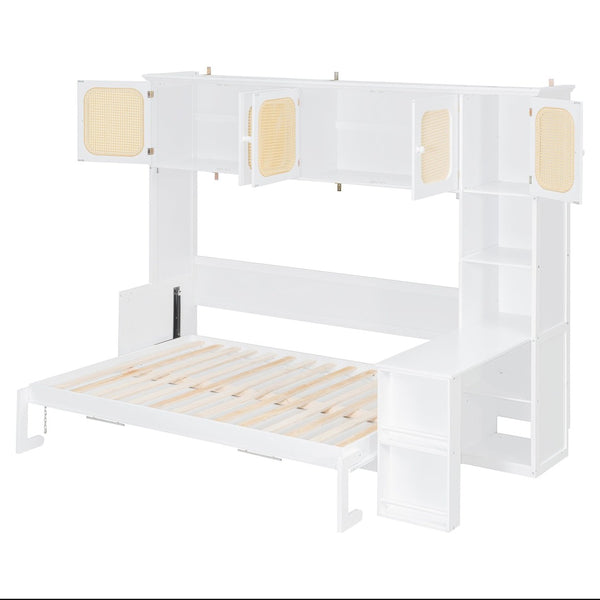 English Elm Full Murphy Bed with Faux Rattan Cabinets and Integrated Desk for Home Office White LP000413AAK