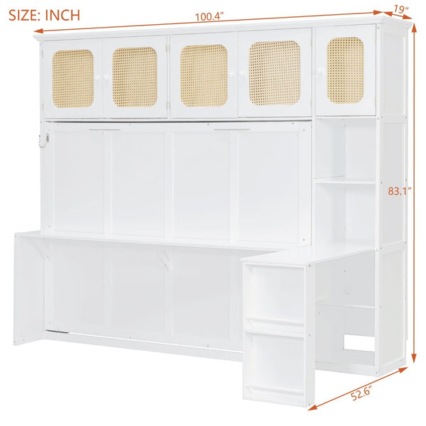 English Elm Full Murphy Bed with Faux Rattan Cabinets and Integrated Desk for Home Office White LP000413AAK