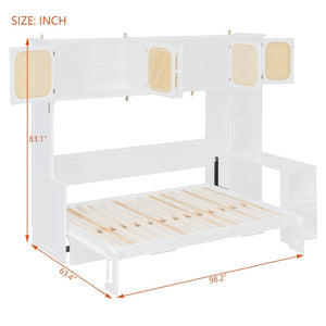English Elm Full Murphy Bed with Faux Rattan Cabinets and Integrated Desk for Home Office White LP000413AAK