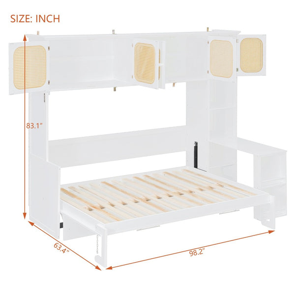 English Elm Full Murphy Bed with Faux Rattan Cabinets and Integrated Desk for Home Office White LP000413AAK