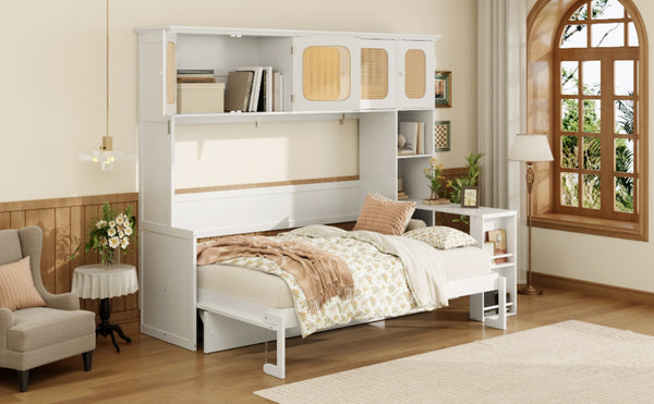 English Elm Full Murphy Bed with Faux Rattan Cabinets and Integrated Desk for Home Office White LP000413AAK