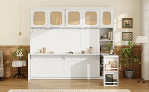 English Elm Full Murphy Bed with Faux Rattan Cabinets and Integrated Desk for Home Office White LP000413AAK