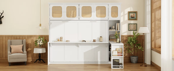 English Elm Full Murphy Bed with Faux Rattan Cabinets and Integrated Desk for Home Office White LP000413AAK