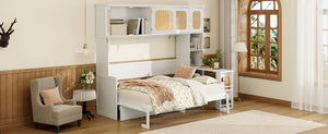English Elm Full Murphy Bed with Faux Rattan Cabinets and Integrated Desk for Home Office White LP000413AAK