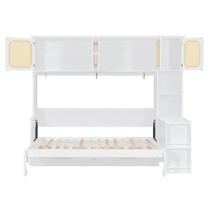 English Elm Full Murphy Bed with Faux Rattan Cabinets and Integrated Desk for Home Office White LP000413AAK