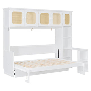 English Elm Full Murphy Bed with Faux Rattan Cabinets and Integrated Desk for Home Office White LP000413AAK