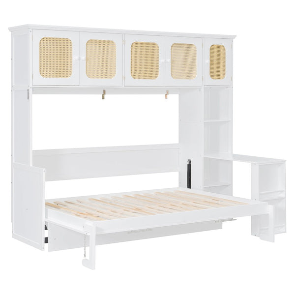 English Elm Full Murphy Bed with Faux Rattan Cabinets and Integrated Desk for Home Office White LP000413AAK