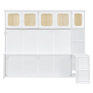 English Elm Full Murphy Bed with Faux Rattan Cabinets and Integrated Desk for Home Office White LP000413AAK