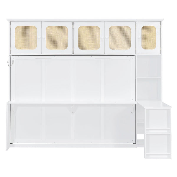 English Elm Full Murphy Bed with Faux Rattan Cabinets and Integrated Desk for Home Office White LP000413AAK