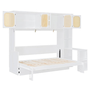 English Elm Full Murphy Bed with Faux Rattan Cabinets and Integrated Desk for Home Office White LP000413AAK