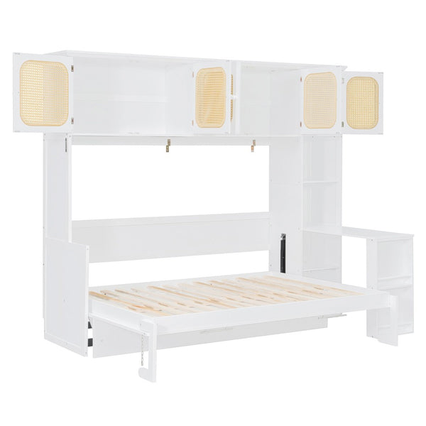 English Elm Full Murphy Bed with Faux Rattan Cabinets and Integrated Desk for Home Office White LP000413AAK