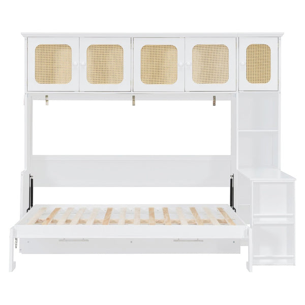 English Elm Full Murphy Bed with Faux Rattan Cabinets and Integrated Desk for Home Office White LP000413AAK