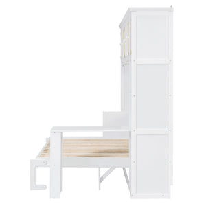 English Elm Full Murphy Bed with Faux Rattan Cabinets and Integrated Desk for Home Office White LP000413AAK