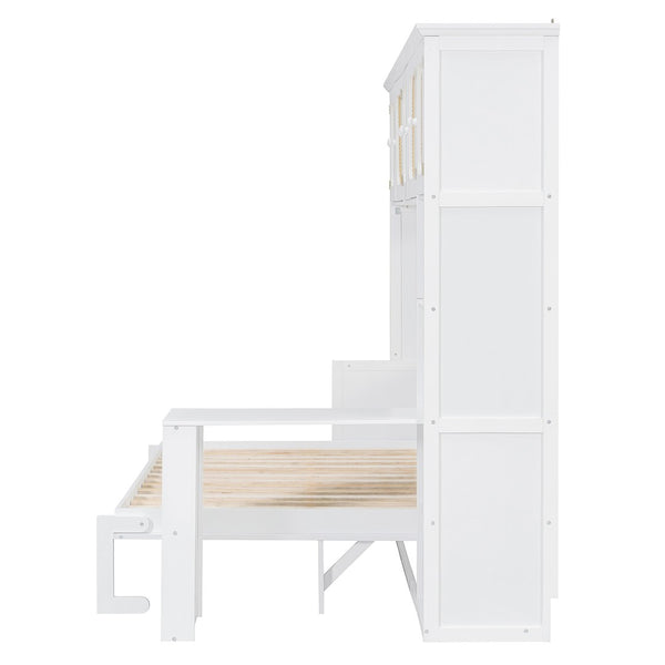 English Elm Full Murphy Bed with Faux Rattan Cabinets and Integrated Desk for Home Office White LP000413AAK