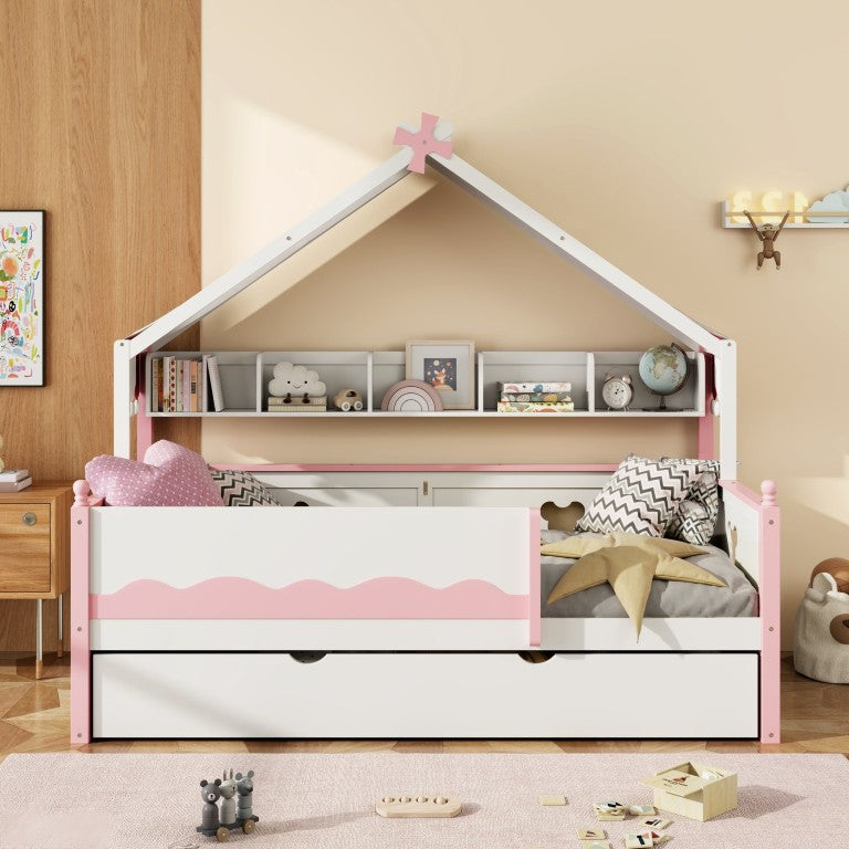 English Elm Full Size Murphy Bed with Integrated Shelving Unit for Studio and Guest Rooms White+Pink 78.9 L x 41.7 W x 70.3 H LP000429AAH