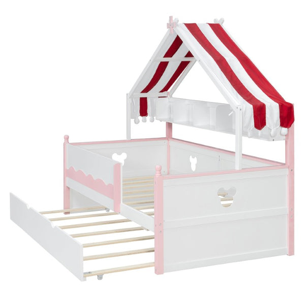 English Elm Full Size Murphy Bed with Integrated Shelving Unit for Studio and Guest Rooms White+Pink 78.9 L x 41.7 W x 70.3 H LP000429AAH