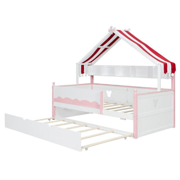 English Elm Full Size Murphy Bed with Integrated Shelving Unit for Studio and Guest Rooms White+Pink 78.9 L x 41.7 W x 70.3 H LP000429AAH