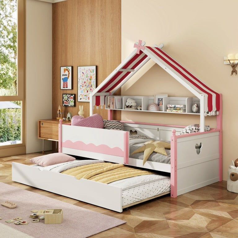 English Elm Full Size Murphy Bed with Integrated Shelving Unit for Studio and Guest Rooms White+Pink 78.9 L x 41.7 W x 70.3 H LP000429AAH