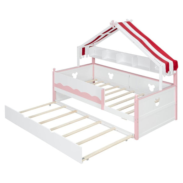 English Elm Full Size Murphy Bed with Integrated Shelving Unit for Studio and Guest Rooms White+Pink 78.9 L x 41.7 W x 70.3 H LP000429AAH