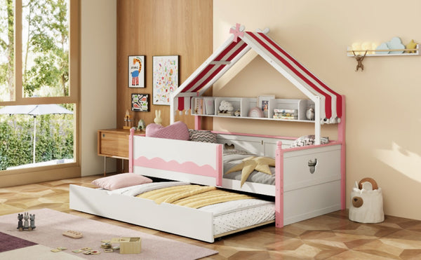 English Elm Full Size Murphy Bed with Integrated Shelving Unit for Studio and Guest Rooms White+Pink 78.9 L x 41.7 W x 70.3 H LP000429AAH