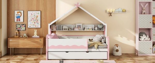 English Elm Full Size Murphy Bed with Integrated Shelving Unit for Studio and Guest Rooms White+Pink 78.9 L x 41.7 W x 70.3 H LP000429AAH