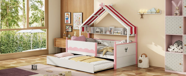English Elm Full Size Murphy Bed with Integrated Shelving Unit for Studio and Guest Rooms White+Pink 78.9 L x 41.7 W x 70.3 H LP000429AAH
