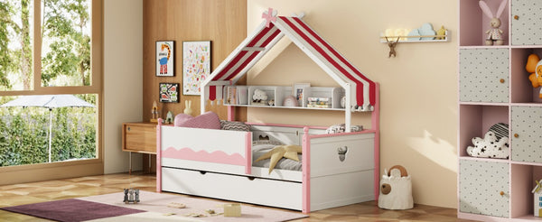 English Elm Full Size Murphy Bed with Integrated Shelving Unit for Studio and Guest Rooms White+Pink 78.9 L x 41.7 W x 70.3 H LP000429AAH