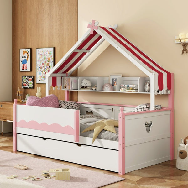 English Elm Full Size Murphy Bed with Integrated Shelving Unit for Studio and Guest Rooms White+Pink 78.9 L x 41.7 W x 70.3 H LP000429AAH