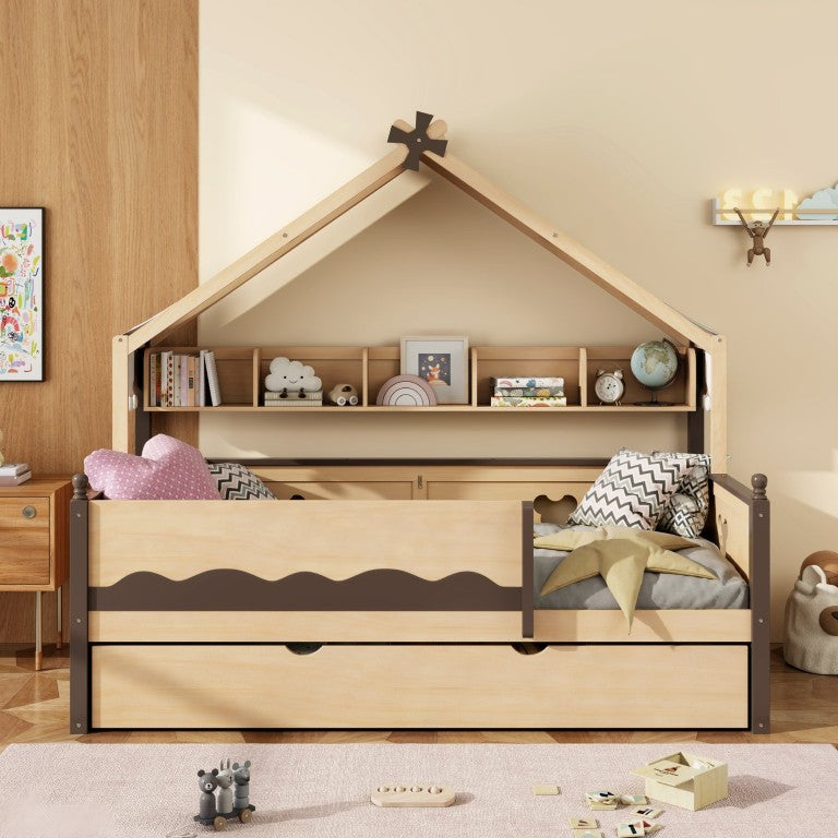 English Elm Twin House-Shaped Daybed with Canopy Tent Bookshelf and Trundle for Kids Bedroom Twin Natural+Espresso LP000429AAN