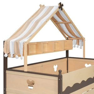 English Elm Twin House-Shaped Daybed with Canopy Tent Bookshelf and Trundle for Kids Bedroom Twin Natural+Espresso LP000429AAN