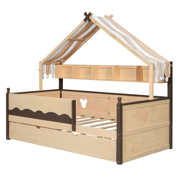 English Elm Twin House-Shaped Daybed with Canopy Tent Bookshelf and Trundle for Kids Bedroom Twin Natural+Espresso LP000429AAN
