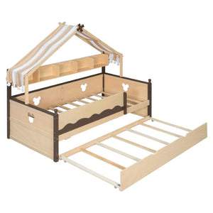 English Elm Twin House-Shaped Daybed with Canopy Tent Bookshelf and Trundle for Kids Bedroom Twin Natural+Espresso LP000429AAN